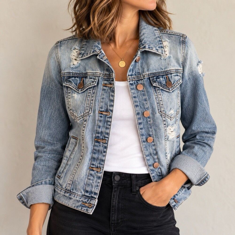 STS Blue Womens XS Distressed Denim Trucker Jacket Light Wash Jean Casual